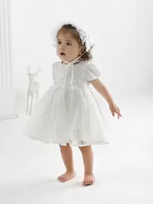Baby Girl 0-2 Years White Baptism Party Tulle Dress With Hat - White - View 3