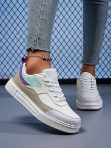 女士圓頭pu皮平底鞋,系帶閉合,色塊細節,柔軟底床,舒適休閑運動鞋 - 彩色 - 查看 2