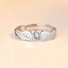 1pair Fashionable Angel & Devil Wings Design Adjustable Ring With Rhinestones, Ideal For Couple Daily Wear - Black and White - View 4