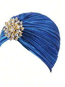 Nuevo Sombrero Turbante Plisado De Oro Noble Con Lámina Dorada Brillante, Decoración De Diamantes De Imitación Extraíble Para Uso Doméstico, Gorro Para Dormir De Color Sólido, 1 Ud. - Azul Marino - Ver 7
