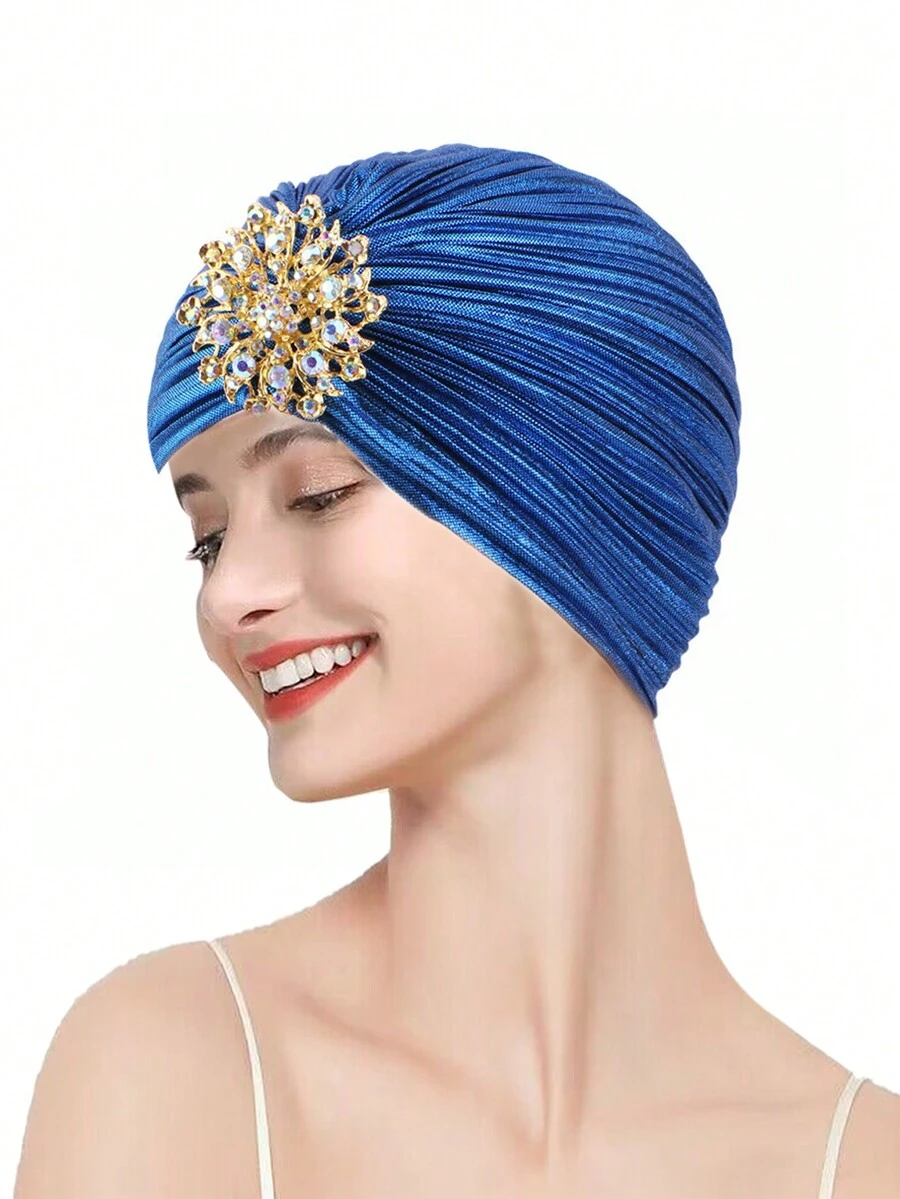 Nuevo Sombrero Turbante Plisado De Oro Noble Con Lámina Dorada Brillante, Decoración De Diamantes De Imitación Extraíble Para Uso Doméstico, Gorro Para Dormir De Color Sólido, 1 Ud. - Azul Marino - Ver 1