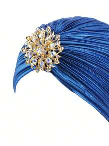 Nuevo Sombrero Turbante Plisado De Oro Noble Con Lámina Dorada Brillante, Decoración De Diamantes De Imitación Extraíble Para Uso Doméstico, Gorro Para Dormir De Color Sólido, 1 Ud. - Azul Marino - Ver 6
