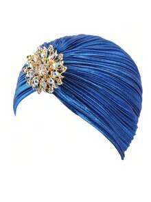 Nuevo Sombrero Turbante Plisado De Oro Noble Con Lámina Dorada Brillante, Decoración De Diamantes De Imitación Extraíble Para Uso Doméstico, Gorro Para Dormir De Color Sólido, 1 Ud. - Azul Marino - Ver 5