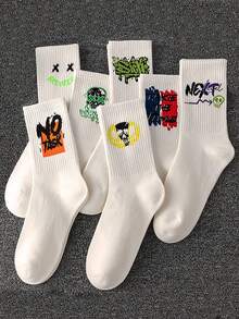 5pairs/pack Ladies' Random Color Graffiti Style Letter Design Sweat-absorbent Breathable High Socks For Casual & Sports, Fashionable & Versatile, White - White - View 3