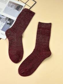 3對/套女士時尚銀色洋蔥線雙針疊層中筒襪,秋冬款 - 彩色 - 查看 4