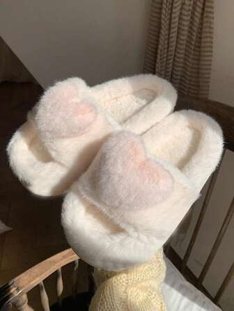 Preppy Bedroom Slippers For Women, Fluffy Heart Decor Home Slippers