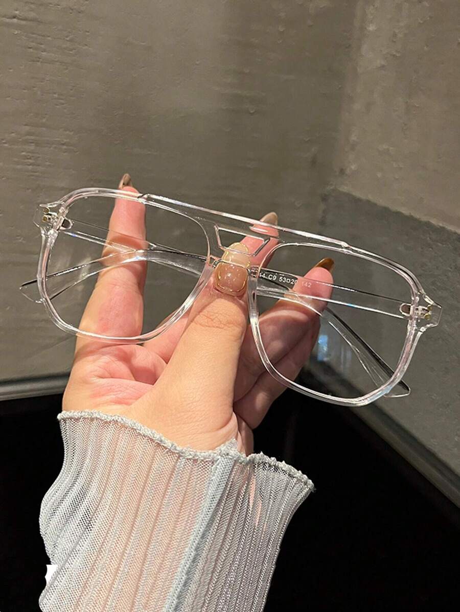 1 Pair Men's Double-Bridge Large Frame Aviator Style Clear Lens Glasses, Suitable For Everyday Use - Clear - View 1