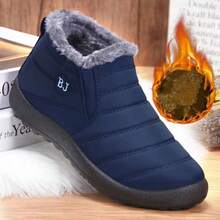 男士冬季短靴柔软舒适保暖内衬雪地靴户外一脚蹬休闲运动鞋运动鞋加厚防水防滑鞋底防寒，黑色/蓝色 - 藍色 - 查看 2