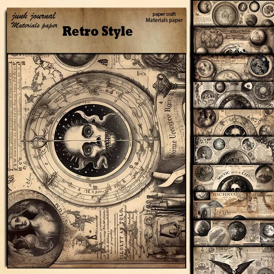 10 张创意复古欧洲花卉和植物背面图案剪贴簿纸，适用于 DIY 手工工艺品、办公、学校用品、派对礼品和礼物、爆炸盒装饰等。带有万圣节、圣诞节、新年和科幻主题星球设计 - 彩色 - 查看 1