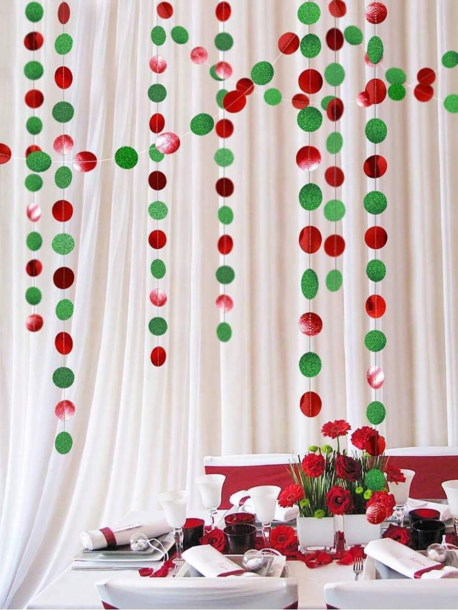 1pc Mirrored Red And Green Round Paper Strip Backdrop, Christmas/birthday/carnival Celebration, Party Garland Decorations - Multicolor - View 1