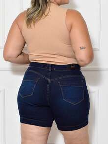Plus Size Denim Shorts - 深色水洗藍 - 查看 2