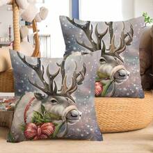 2pcs Christmas Themed Linen Square Pillowcases With Deer Print (pillow Core Not Included) - Chocolate Brown - View 1