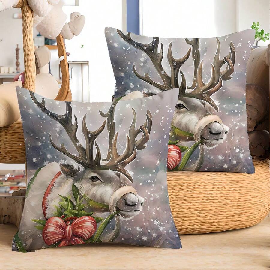 2pcs Christmas Themed Linen Square Pillowcases With Deer Print (pillow Core Not Included) - Chocolate Brown - View 1