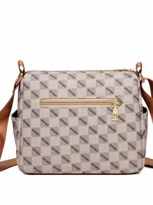 格子圖案斜背包,女式多口袋皮夾,鉚釘裝飾人造皮革肩背包 - 米色 - 查看 7