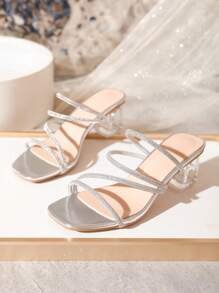 流行的女士水晶鞋跟涼鞋,粗高跟和鑽石細帶設計,優雅和引人注目的輕便開腳鞋,閃亮且多用途的新銀色女鞋 - 銀色 - 查看 1