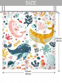 1入組帶有珊瑚和魚印花的卡通海底鯨魚圖案印花浴室淋浴簾,附帶12個塑料掛鉤,72英寸×72英寸 - 彩色 - 查看 3