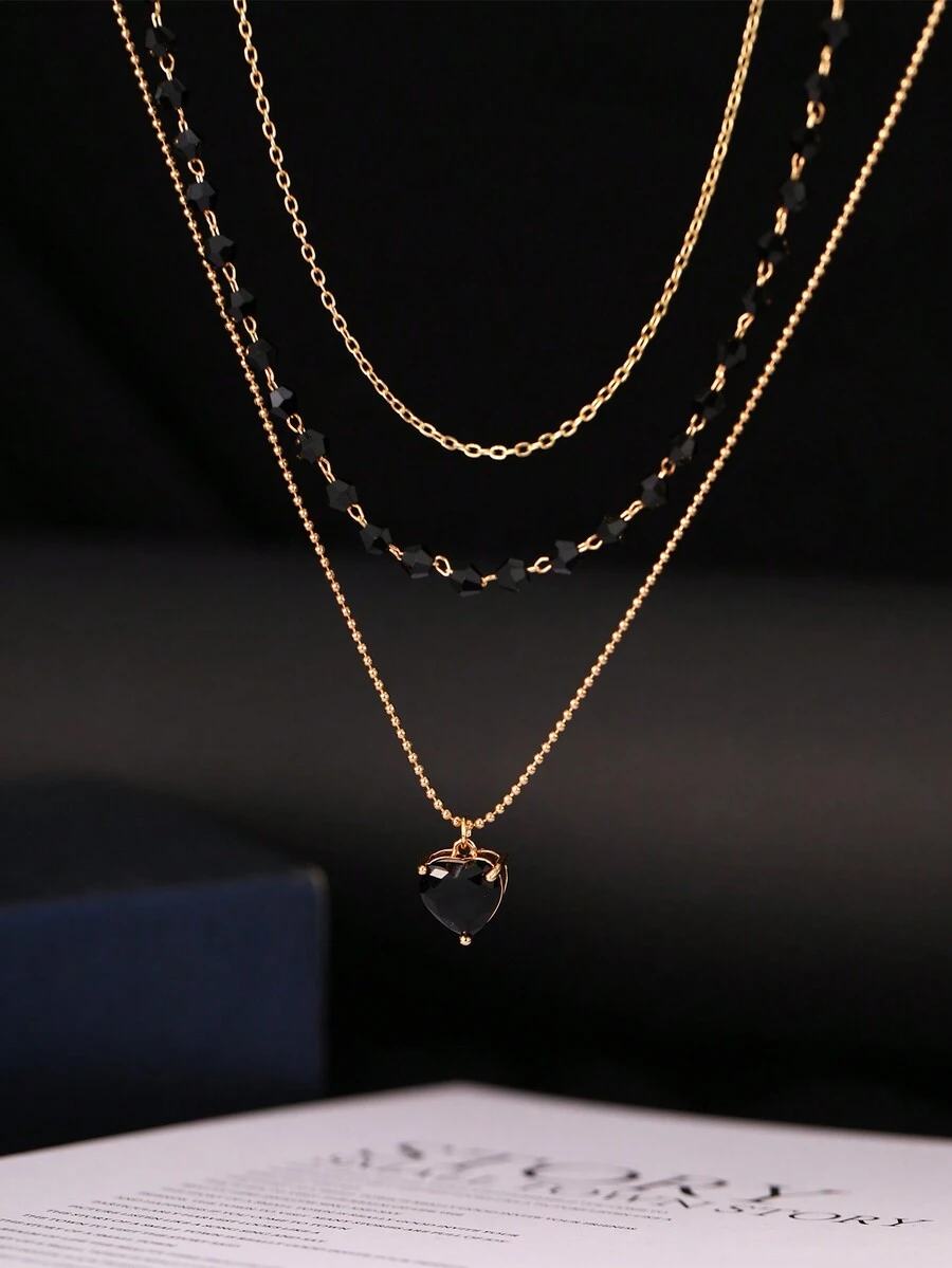 Nooxian 3 cái/bộ Vòng cổ hạt đen thủ công thời trang với mặt dây chuyền Zirconia bằng đồng đen hình trái tim, Dây chuyền áo len độc đáo nhiều lớp (Số lượng hạt là ngẫu nhiên) - Nhiều màu - Xem 1