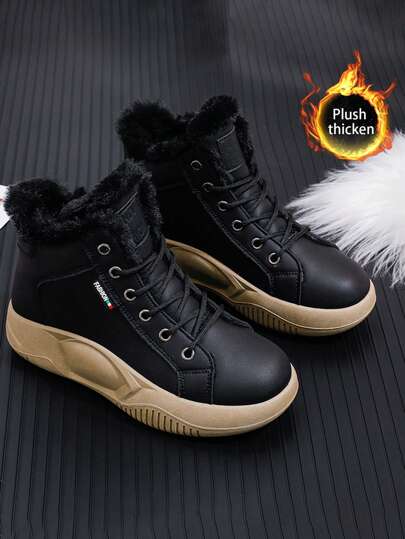 Winter High Top Warm Sports Shoes With Thickening Lining, Lace-up Design, Comfortable And Minimalist Women Shoes
