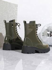 女士厚底踝靴,英式摩托靴 - 綠色 - 查看 4