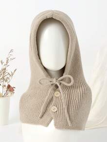 韓版女式三合一面罩帽,冬季保暖帽圍一體,情侶款式,防風保暖羊毛針織帽 - 杏色 - 查看 4