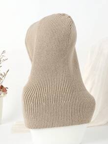 韓版女式三合一面罩帽,冬季保暖帽圍一體,情侶款式,防風保暖羊毛針織帽 - 杏色 - 查看 5