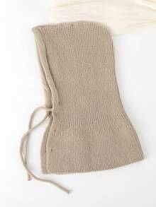 韓版女式三合一面罩帽,冬季保暖帽圍一體,情侶款式,防風保暖羊毛針織帽 - 杏色 - 查看 2