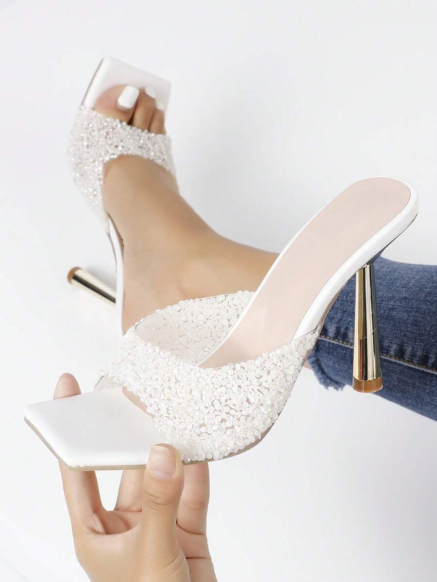 Fashionable High Heel Women's Sandals With Sparkly Rhinestones - White - View 1