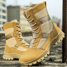 男士靴子,2023新款戶外皮革工作鞋帶防滑&耐磨設計,高幫工作靴子適合男士 - 卡其色 - 查看 1