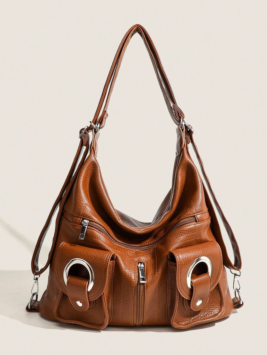 Bolso Grande De PU Retro, Casual, Versátil, Minimalista Y Elegante Para Hombro, Mano Y Mochila, Ideal Para El Trabajo - Marrón - Ver 1