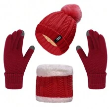 Women Knitted Hat Scarf Gloves Set, 3Pcs Winter Cold Weather Set with Knit Beanie Cap Touch Screen Gloves Circle Neck Scarf for Adults Sports Outdoor, Red - Red - View 1