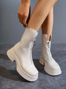 Hợp thời Đen Giày ống Với Dày Và Mặt trước Dây kéo Đối với phụ nữ , Mùa thu Và Mùa Đông - Màu be - Xem 1