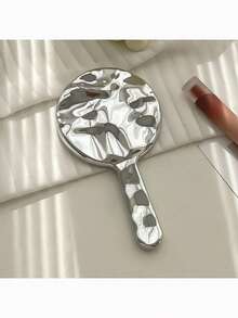 1pc Handheld Makeup Mirror With Water Ripple Handle, High Definition Beauty Portable Round/square Handheld Mirror - Silver - View 1