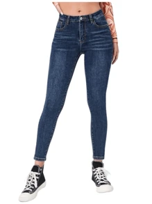 Pantalon de mezclilla liso para dama - Azul lavado oscuro - Ver 1