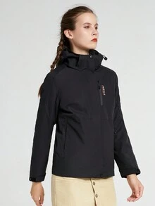 女士多色户外夹克，带可拆卸厚保暖内衬，防风、防水、多个口袋、可拆卸风帽，适合徒步旅行和徒步旅行 - 黑色 - 黑色 - 查看 2