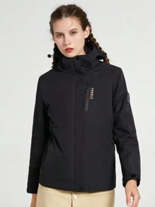 女士多色户外夹克，带可拆卸厚保暖内衬，防风、防水、多个口袋、可拆卸风帽，适合徒步旅行和徒步旅行 - 黑色 - 黑色 - 查看 1