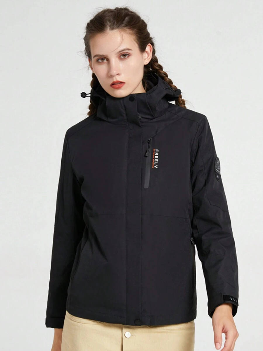 女士多色户外夹克，带可拆卸厚保暖内衬，防风、防水、多个口袋、可拆卸风帽，适合徒步旅行和徒步旅行 - 黑色 - 黑色 - 查看 1