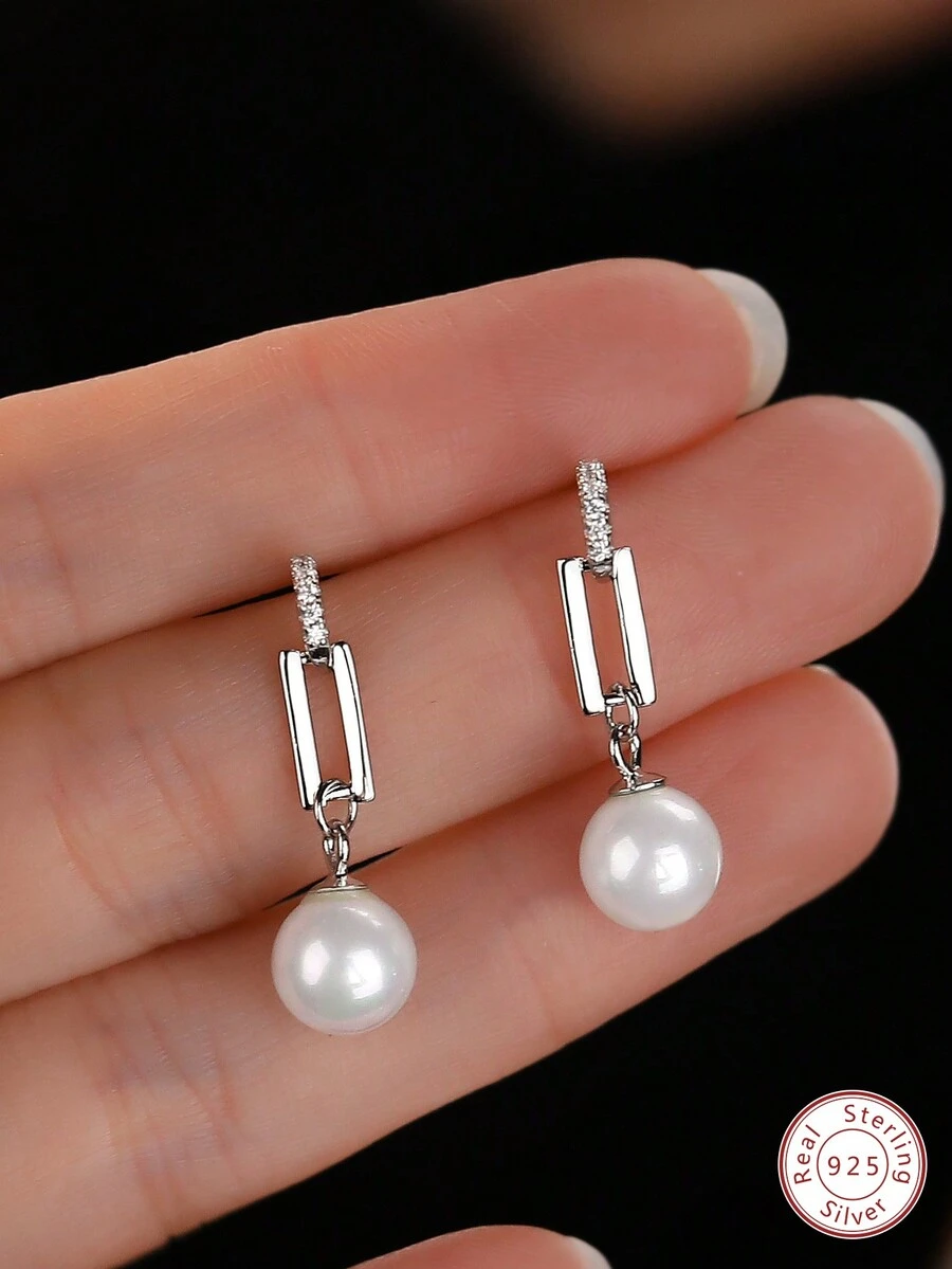 1對復古時尚925銀幾何設計＆仿珍珠耳環，適合女性作為禮物或日常佩戴