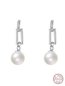 1對復古時尚925銀幾何設計＆仿珍珠耳環，適合女性作為禮物或日常佩戴