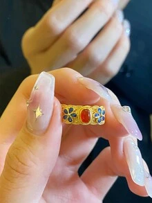 Gold-Plated Ring Women Open Adjustable Filigree Inlaid Burnt Blue Ring Braided Style - Gold - View 6