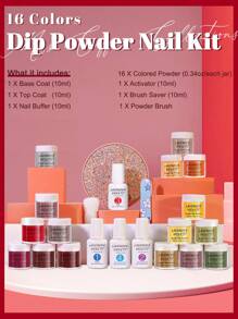Lavender Violets 20 Pcs Dip Powder Nail Kit Starter -16 Colors Dipping Powder Liquid Set With Base Top Coat, Activator And Brush Saver For Home Salon Nail Art New Years Valentines Gifts - 橘色 - 查看 5