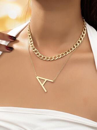 1 套個人化時尚雙層鎖鏈簡約字母吊墜項鍊套裝