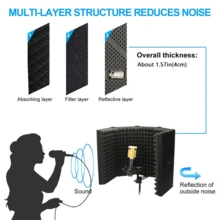 5 件麥克風配件組:避震架、防噴罩、隔音泡罩、防風罩、迴聲消除隔音板和錄音室支架 - 黑色 - 查看 4