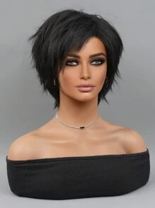黑色短直瀏海假髮修剪假髮,適用於自然黑色頭髮的女士。可愛且個性化的日常佩戴假髮