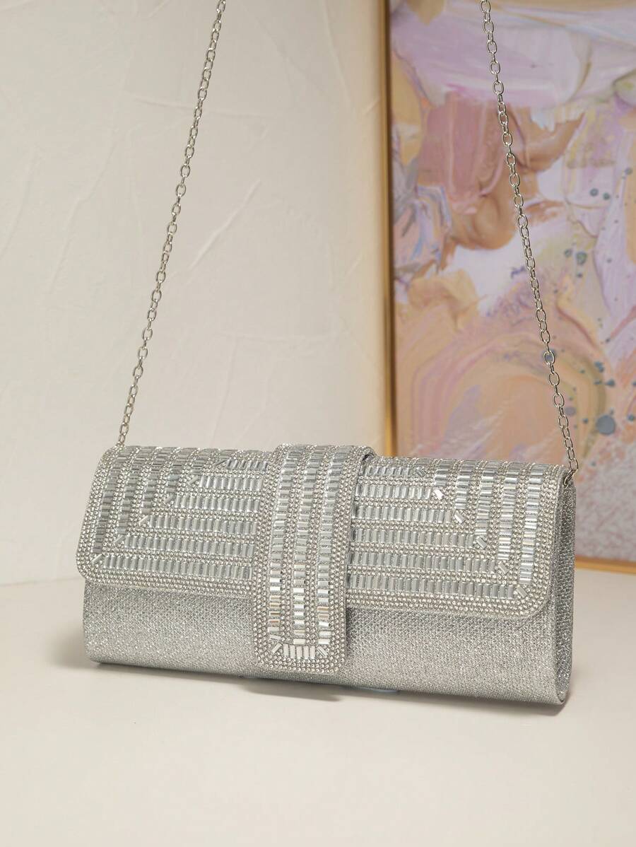 European And American Style Fashionable Diamond Square Clutch, Evening Bag, Wedding Shoulder Bag - Silver - View 1