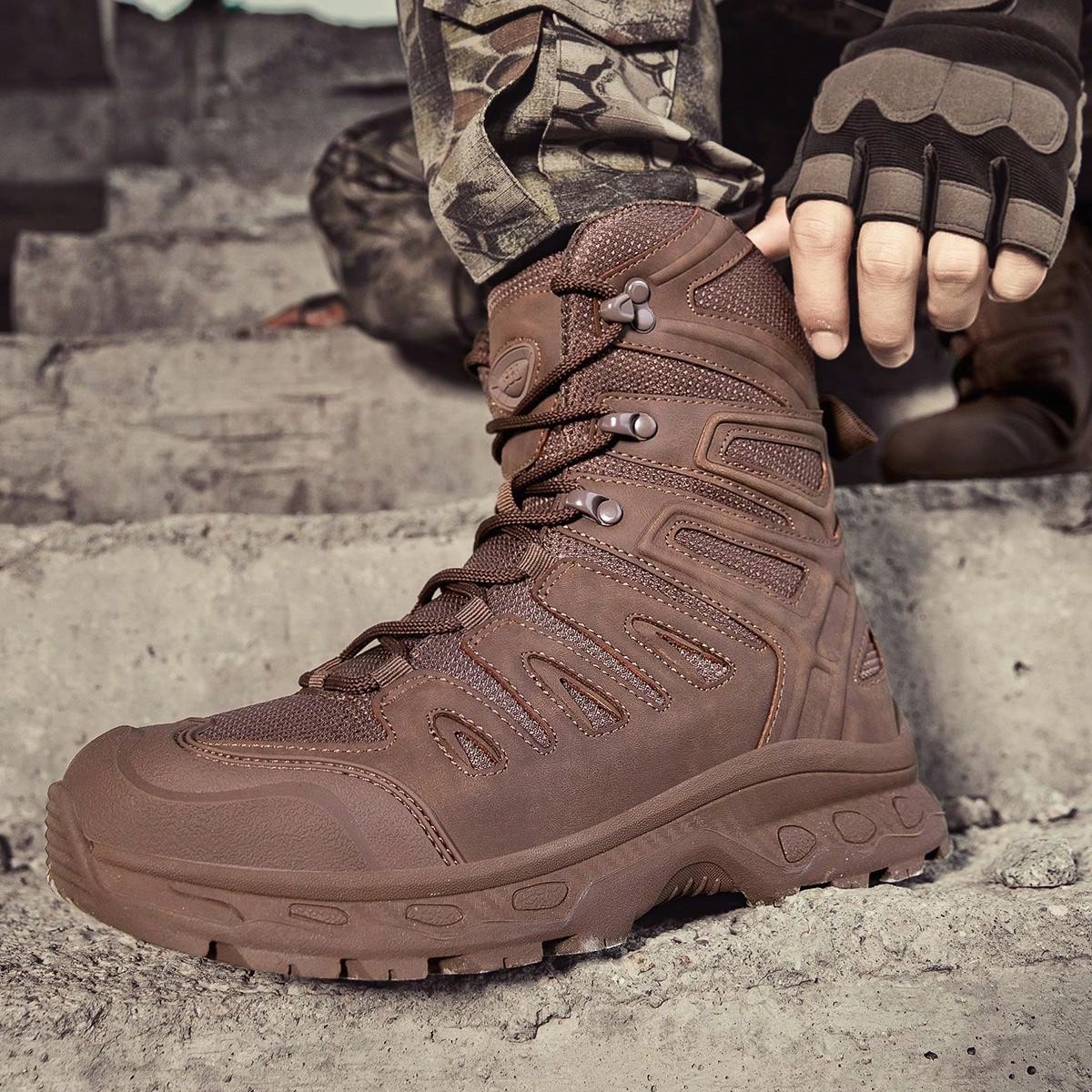 1pair Men's Coffee Brown High Top Outdoor Work Boot, Ideal For Hiking