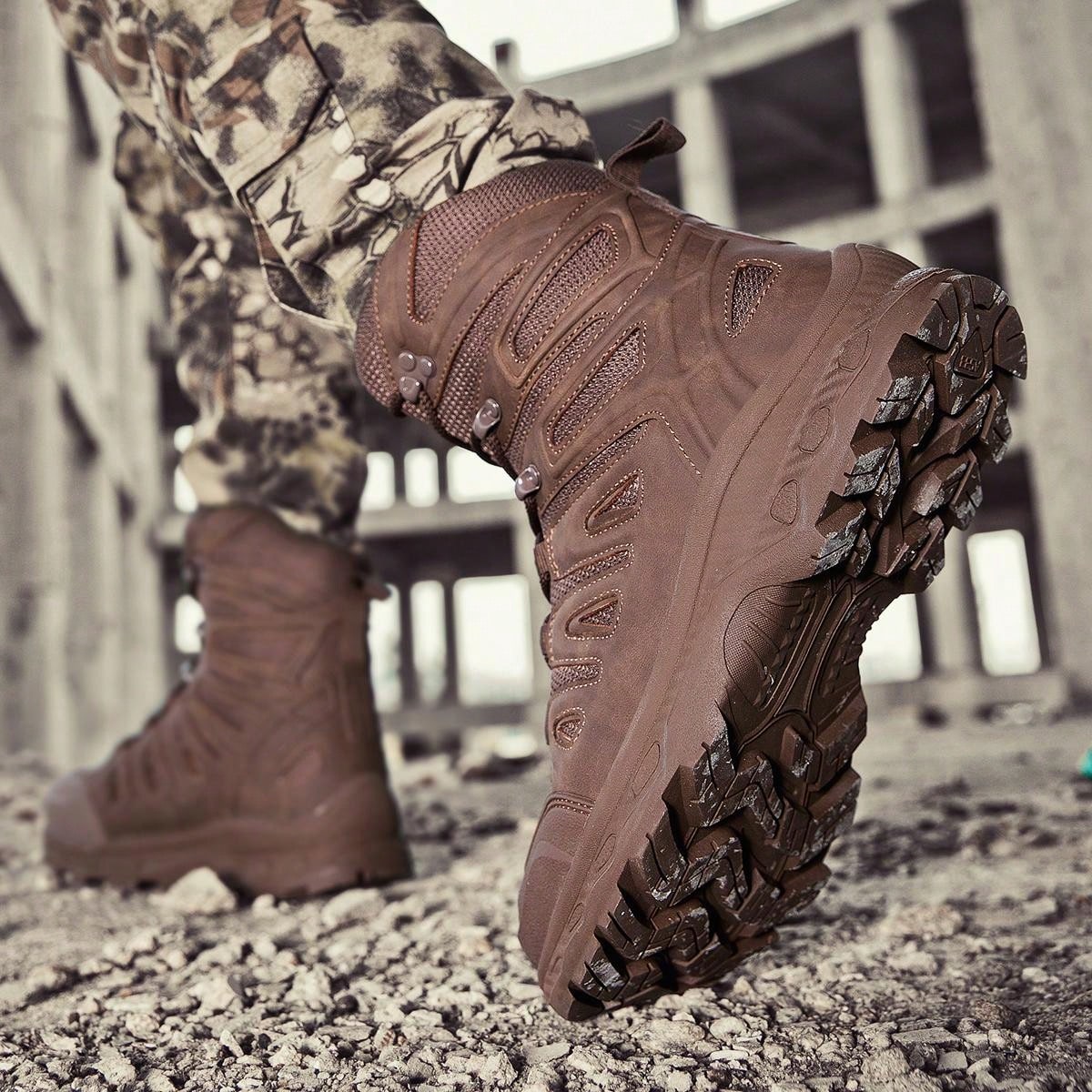 1pair Men's Coffee Brown High Top Outdoor Work Boot, Ideal For Hiking