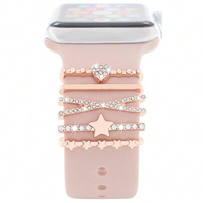 5pcs/Set Zinc Alloy Rose Gold Five-Pointed Star Designed Watch Band Decorations Compatible With Apple Watch 38/40/41/42/44/45mm As A Gift For Students Returning To School