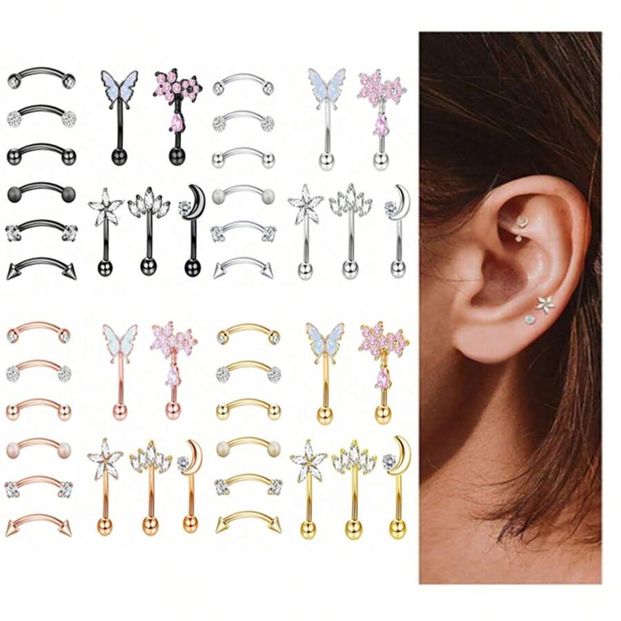 11 件時尚不銹鋼 Rook 軟骨穿孔首飾女式男式,肚唇環,海螺耳屏螺旋眉環,弧形槓鈴 Daith Rook 耳環 - A-11件 - 查看 1