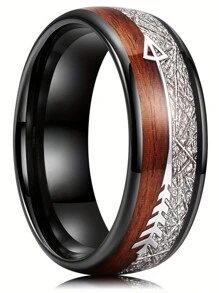 1枚時尚8mm黑色不銹鋼男士結婚戒指,鑲嵌夏威夷楠木陨石箭形戒指男士婚戒珠寶 - 彩色 - 查看 1