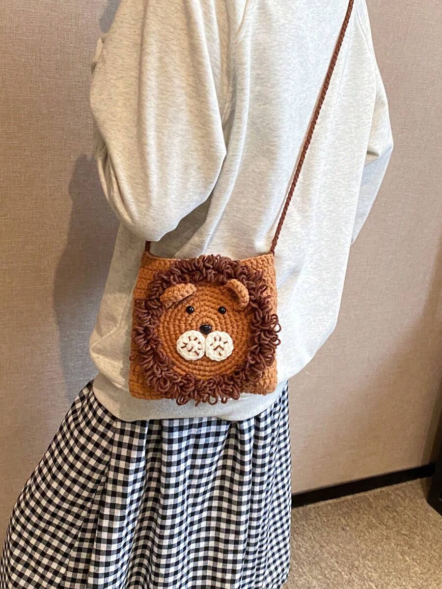 編織棕色獅子造型女士肩袋,用羊毛線手工製作,非常適合攜帶手機、等物品